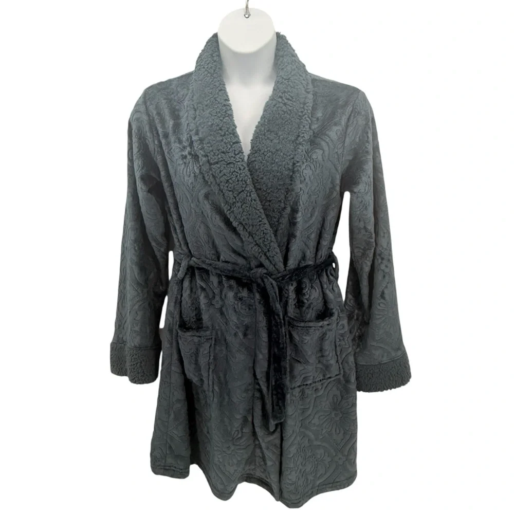Macy’s M Collection Plush Embossed Robe Blue Shawl Collar Tie Belt One Size - Picture 2 of 8